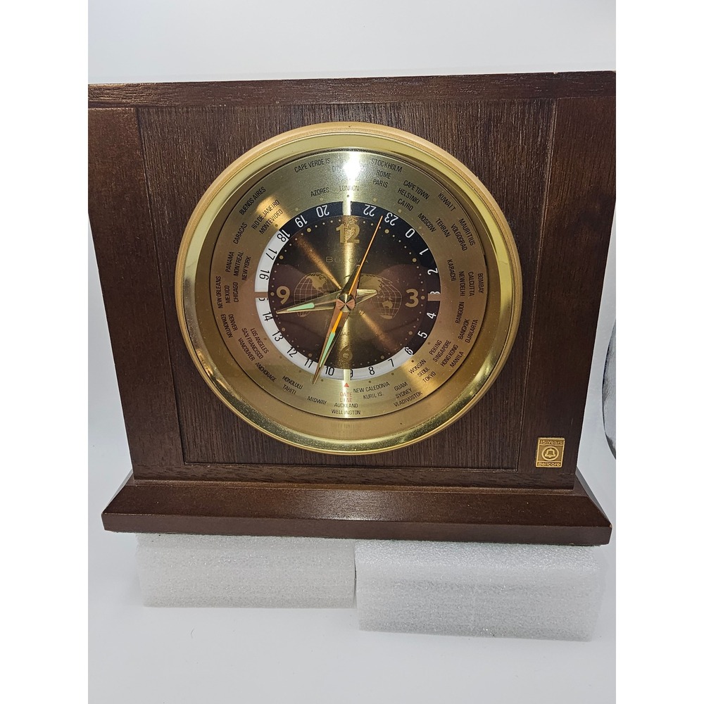 Bulova World Time Mantel Clock Wood Case Bellcore 15 Year Service Award Quartz